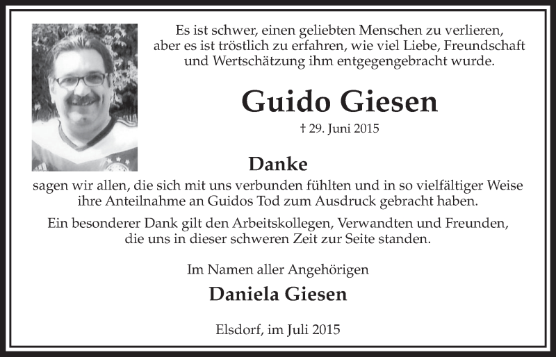  Traueranzeige für Guido Giesen vom 18.07.2015 aus  Sonntags-Post 
