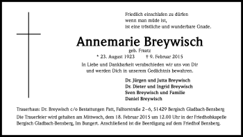 Anzeige von Annemarie Breywisch von Kölner Stadt-Anzeiger / Kölnische Rundschau / Express