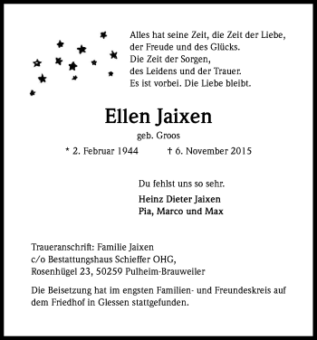 Anzeige von Ellen Jaixen von Kölner Stadt-Anzeiger / Kölnische Rundschau / Express