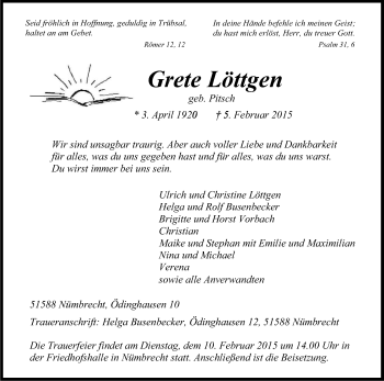 Anzeige von Grete Löttgen von Kölner Stadt-Anzeiger / Kölnische Rundschau / Express