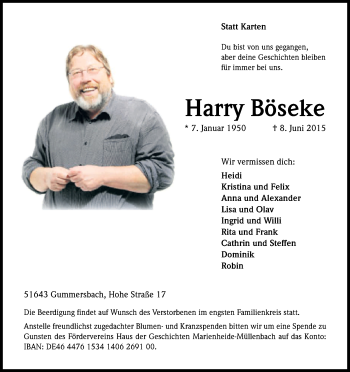 Anzeige von Harry Böseke von Kölner Stadt-Anzeiger / Kölnische Rundschau / Express
