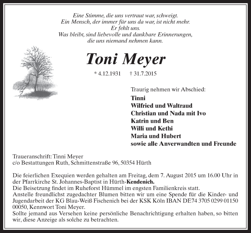  Traueranzeige für Toni Meyer vom 05.08.2015 aus  Wochenende 