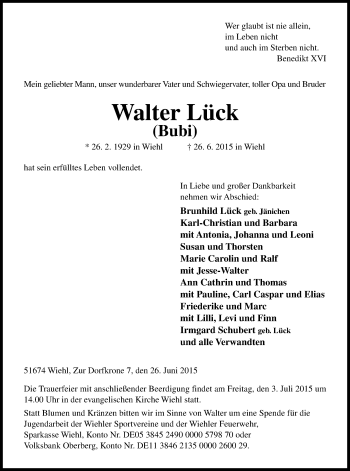 Anzeige von Walter Lück von Kölner Stadt-Anzeiger / Kölnische Rundschau / Express