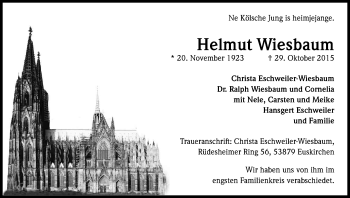 Anzeige von Helmut Wiesbaum von Kölner Stadt-Anzeiger / Kölnische Rundschau / Express