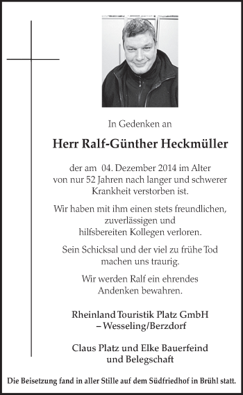 Anzeige von Ralf-Günther Heckmüller von  Schlossbote/Werbekurier 
