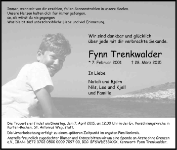 Anzeige von Fynn Trenkwalder von Kölner Stadt-Anzeiger / Kölnische Rundschau / Express
