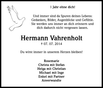 Anzeige von Hermann Vahrenholt von Kölner Stadt-Anzeiger / Kölnische Rundschau / Express
