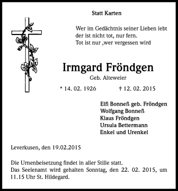 Anzeige von Irmgard Fröndgen von Kölner Stadt-Anzeiger / Kölnische Rundschau / Express