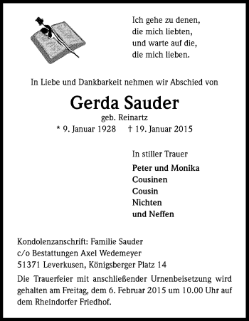 Anzeige von Gerda Sauder von Kölner Stadt-Anzeiger / Kölnische Rundschau / Express