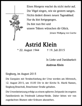 Anzeige von Astrid Klein von Kölner Stadt-Anzeiger / Kölnische Rundschau / Express