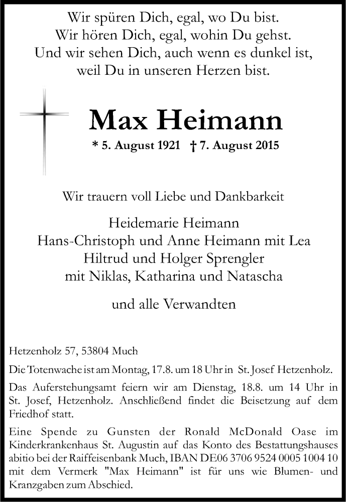  Traueranzeige für Max Heimann vom 12.08.2015 aus Kölner Stadt-Anzeiger / Kölnische Rundschau / Express