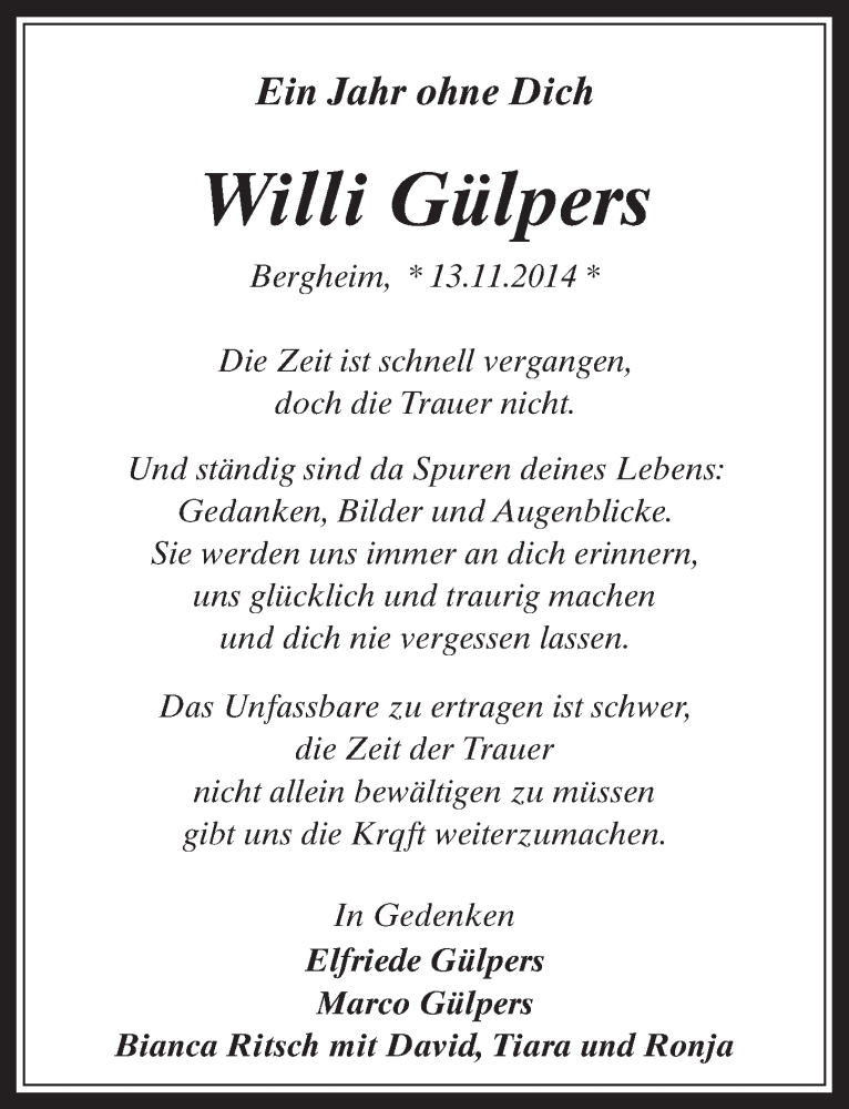  Traueranzeige für Willi Gülpers vom 11.11.2015 aus  Werbepost 