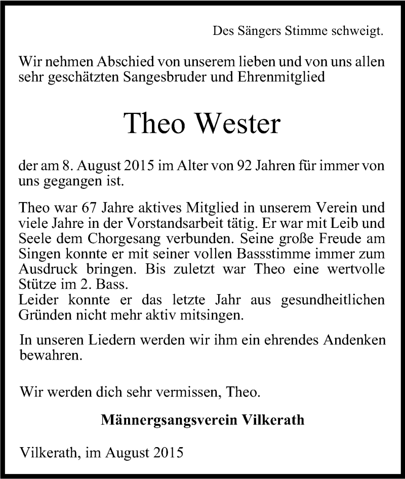  Traueranzeige für Theo Wester vom 18.08.2015 aus Kölner Stadt-Anzeiger / Kölnische Rundschau / Express
