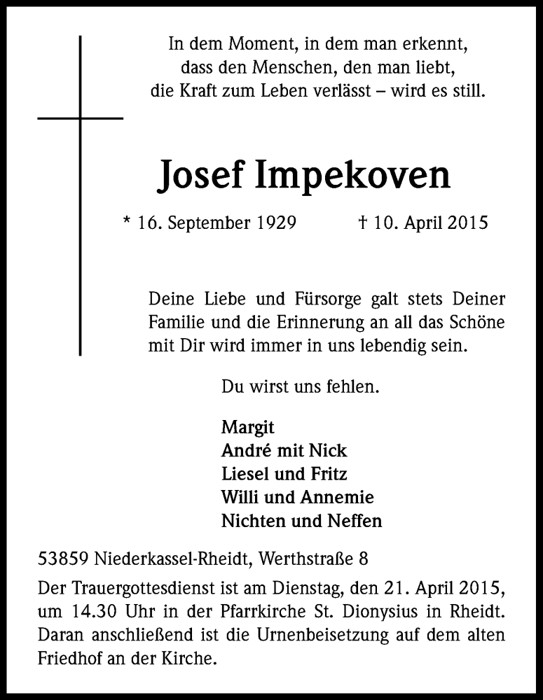  Traueranzeige für Josef Impekoven vom 16.04.2015 aus Kölner Stadt-Anzeiger / Kölnische Rundschau / Express