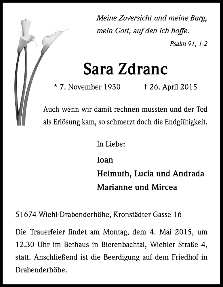  Traueranzeige für Sara Zdranc vom 29.04.2015 aus Kölner Stadt-Anzeiger / Kölnische Rundschau / Express