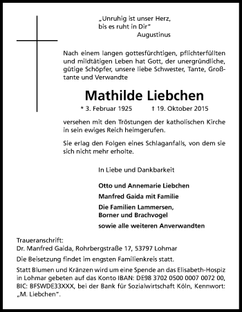 Anzeige von Mathilde Liebchen von Kölner Stadt-Anzeiger / Kölnische Rundschau / Express