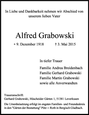 Anzeige von Alfred Grabowski von Kölner Stadt-Anzeiger / Kölnische Rundschau / Express
