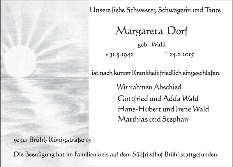  Traueranzeige für Margareta Dorf vom 04.03.2015 aus  Schlossbote/Werbekurier 