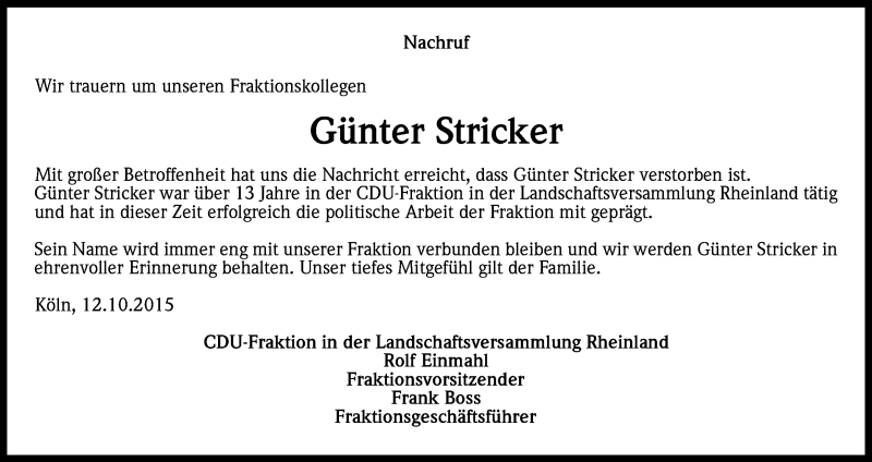  Traueranzeige für Günter Stricker vom 14.10.2015 aus Kölner Stadt-Anzeiger / Kölnische Rundschau / Express