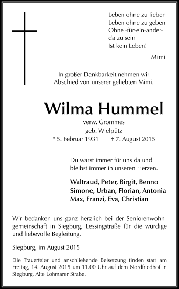 Anzeige von Wilma Hummel von Kölner Stadt-Anzeiger / Kölnische Rundschau / Express