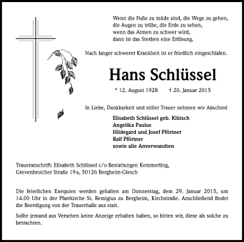 Anzeige von Hans Schlüssel von Kölner Stadt-Anzeiger / Kölnische Rundschau / Express