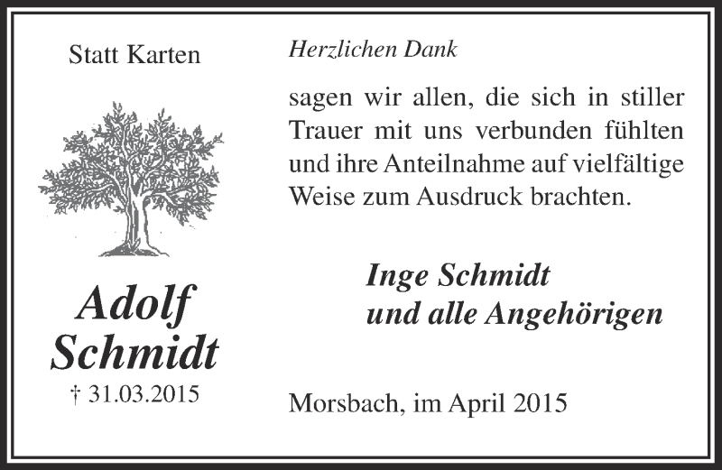  Traueranzeige für Adolf Schmidt vom 29.04.2015 aus  Lokalanzeiger 