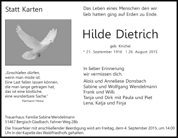 Anzeige von Hilde Dietrich von Kölner Stadt-Anzeiger / Kölnische Rundschau / Express
