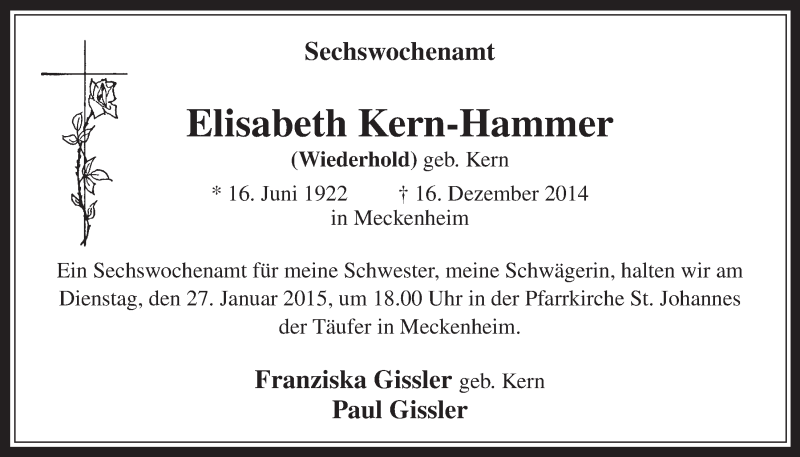  Traueranzeige für Elisabeth Kern-Hammer vom 21.01.2015 aus  Schaufenster/Blickpunkt 