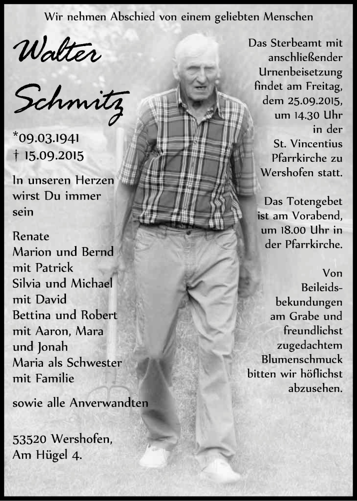  Traueranzeige für Walter Schmitz vom 19.09.2015 aus Kölner Stadt-Anzeiger / Kölnische Rundschau / Express