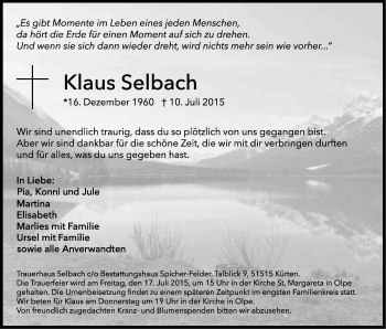 Anzeige von Klaus Selbach von Kölner Stadt-Anzeiger / Kölnische Rundschau / Express