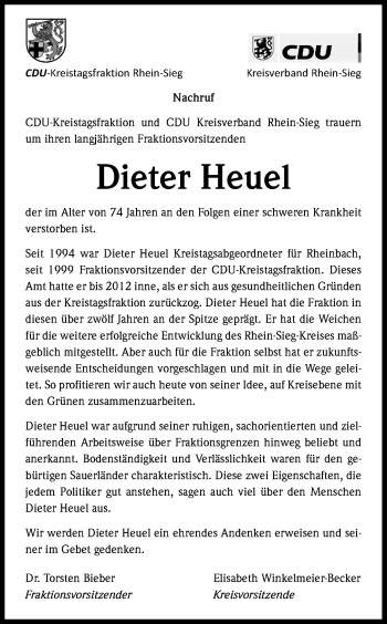 Anzeige von Dieter Heuel von Kölner Stadt-Anzeiger / Kölnische Rundschau / Express