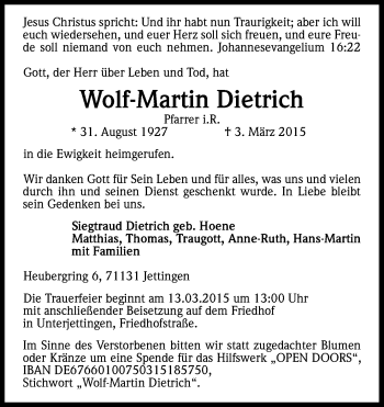 Anzeige von Wolf-Martin Dietrich von Kölner Stadt-Anzeiger / Kölnische Rundschau / Express