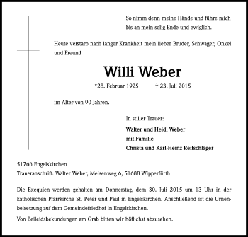 Anzeige von Willi Weber von Kölner Stadt-Anzeiger / Kölnische Rundschau / Express