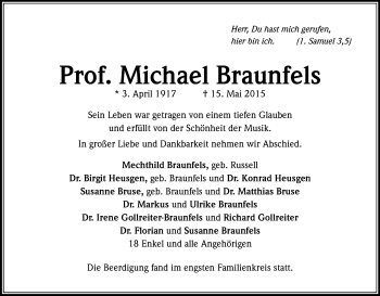Anzeige von Michael Braunfels von Kölner Stadt-Anzeiger / Kölnische Rundschau / Express