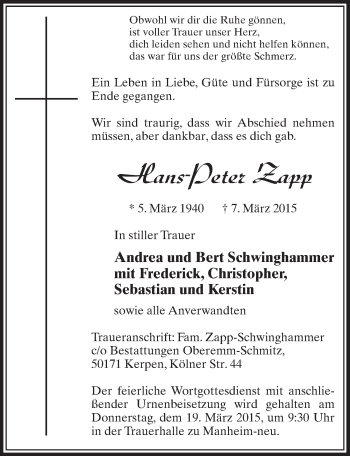 Anzeige von Hans-Peter Zapp von  Sonntags-Post 