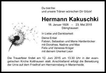 Anzeige von Hermann Kakuschki von Kölner Stadt-Anzeiger / Kölnische Rundschau / Express