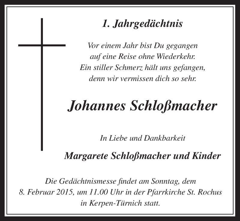  Traueranzeige für Johannes Schloßmacher vom 04.02.2015 aus  Werbepost 
