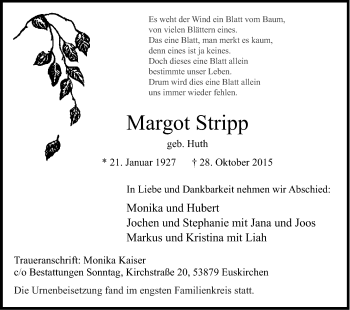 Anzeige von Margot Stripp von Kölner Stadt-Anzeiger / Kölnische Rundschau / Express
