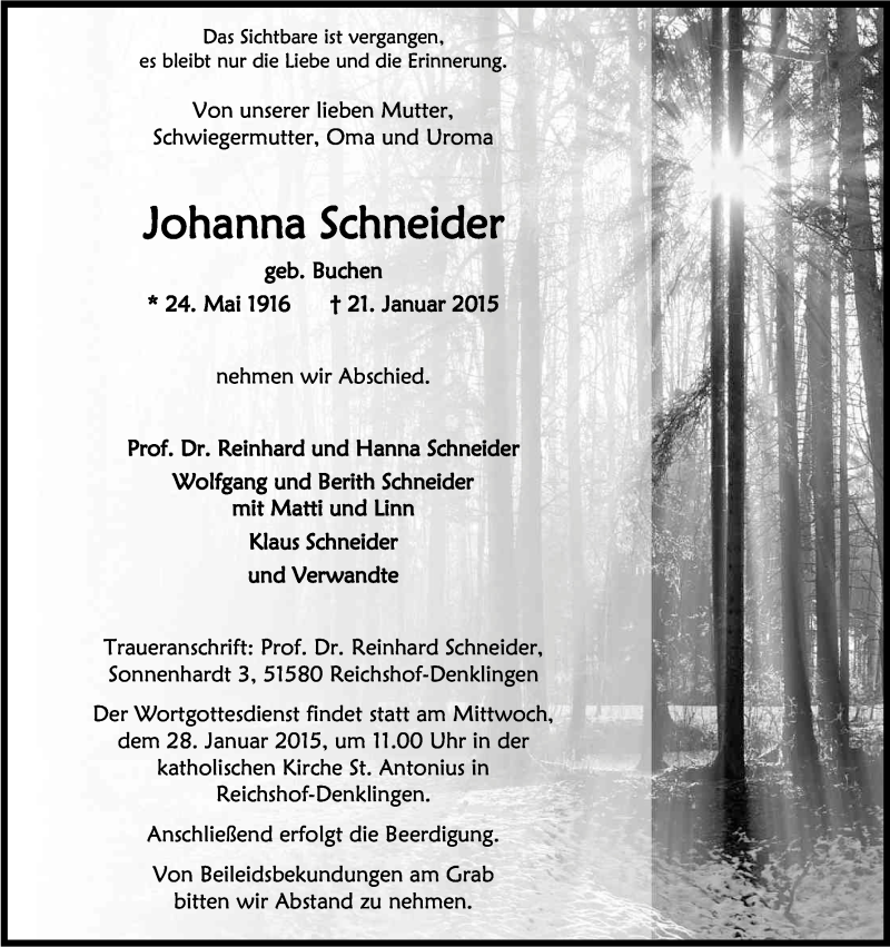  Traueranzeige für Johanna Schneider vom 24.01.2015 aus Kölner Stadt-Anzeiger / Kölnische Rundschau / Express