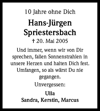 Anzeige von Hans-Jürgen Spriestersbach von Kölner Stadt-Anzeiger / Kölnische Rundschau / Express