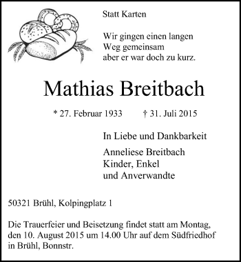 Anzeige von Mathias Breitbach von  Schlossbote/Werbekurier 