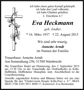 Anzeige von Eva Heckmann von Kölner Stadt-Anzeiger / Kölnische Rundschau / Express