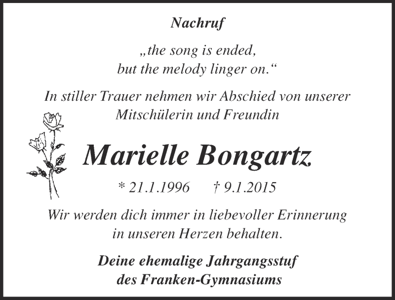  Traueranzeige für Marielle Bongartz vom 25.01.2015 aus  Blickpunkt Euskirchen 