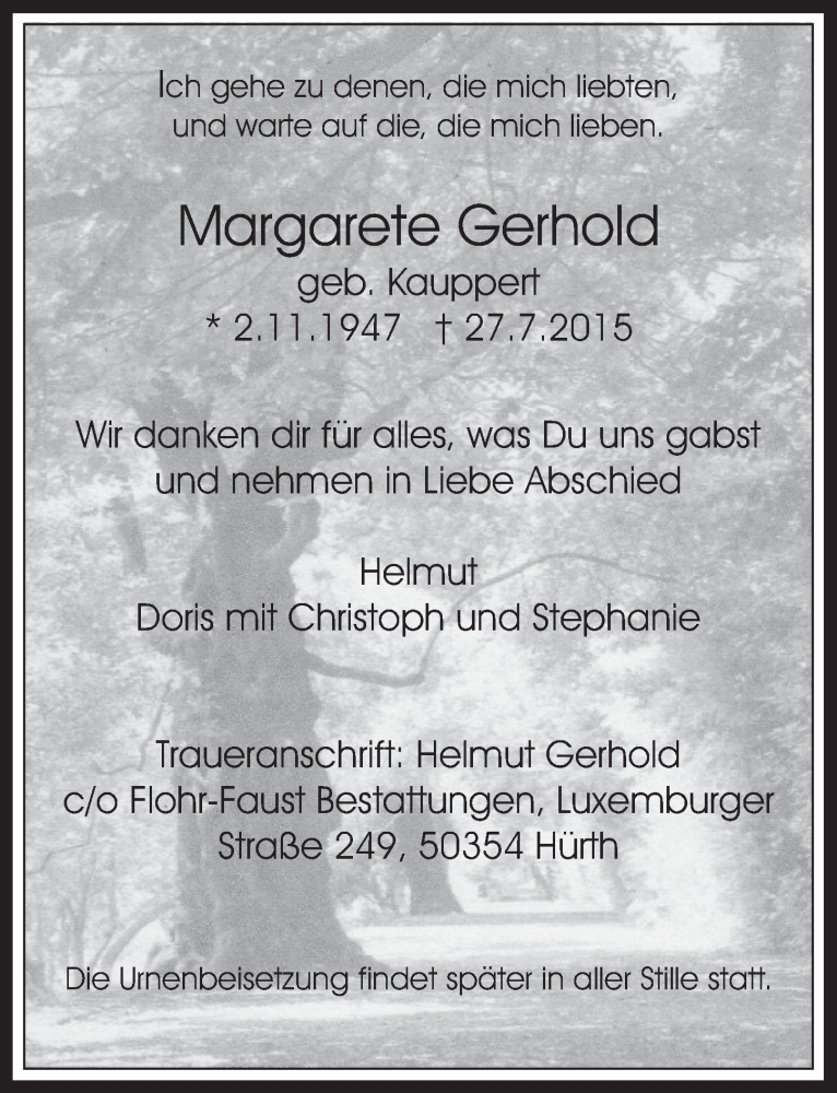  Traueranzeige für Margarete Gerhold vom 05.08.2015 aus  Werbepost 