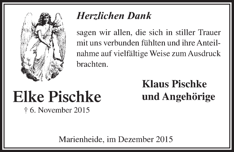  Traueranzeige für Elke Pischke vom 02.12.2015 aus  Anzeigen Echo 