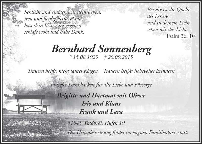  Traueranzeige für Bernhard Sonnenberg vom 23.09.2015 aus  Lokalanzeiger 