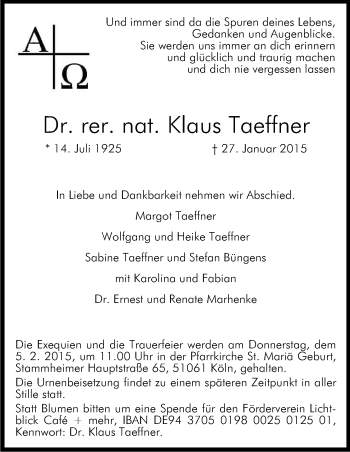 Anzeige von Klaus Taeffner von Kölner Stadt-Anzeiger / Kölnische Rundschau / Express