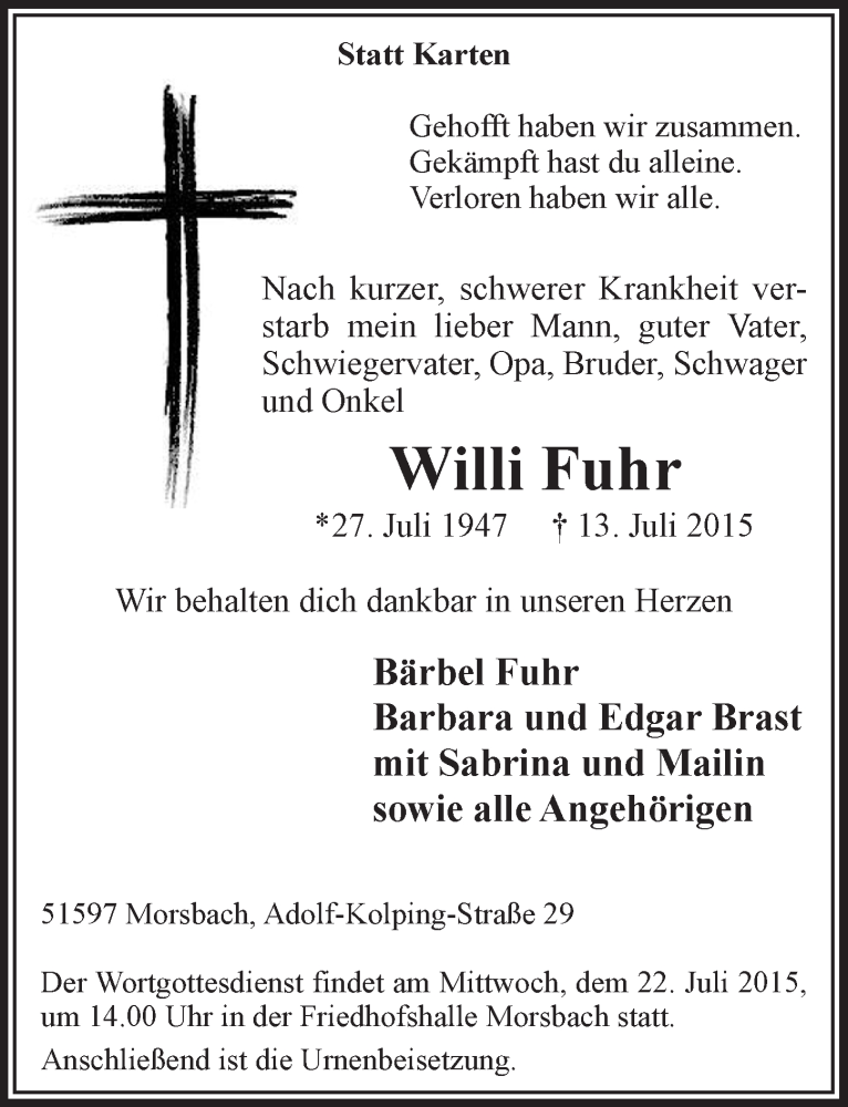  Traueranzeige für Willi Fuhr vom 15.07.2015 aus  Lokalanzeiger 