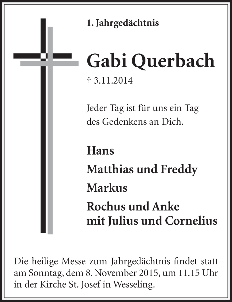  Traueranzeige für Gabi Querbach vom 04.11.2015 aus  Schlossbote/Werbekurier 