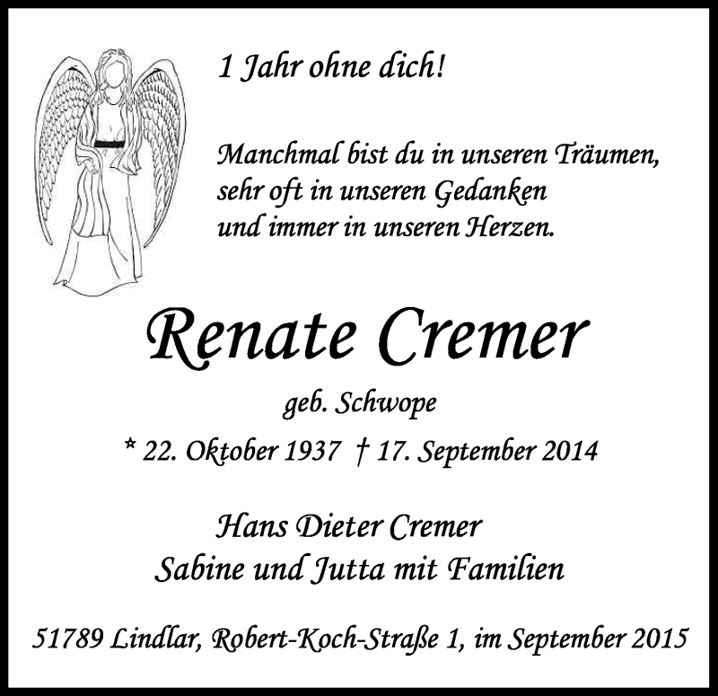  Traueranzeige für Renate Cremer vom 17.09.2015 aus Kölner Stadt-Anzeiger / Kölnische Rundschau / Express